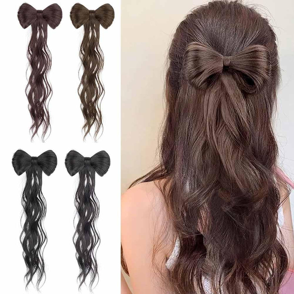 Bow Tie Half Tied Ponytail Wig For Women With Curled Hair Grabbing Clip