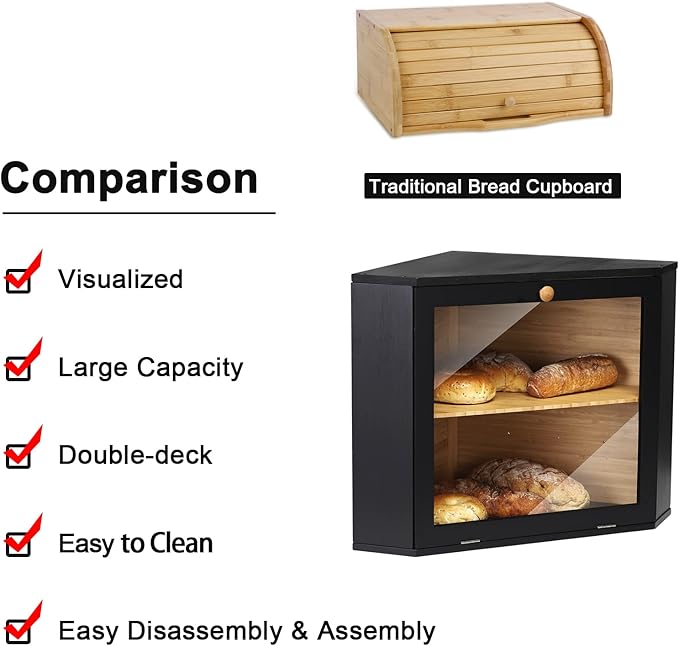 Double Layers Bamboo Corner Bread Box for Kitchen Counter