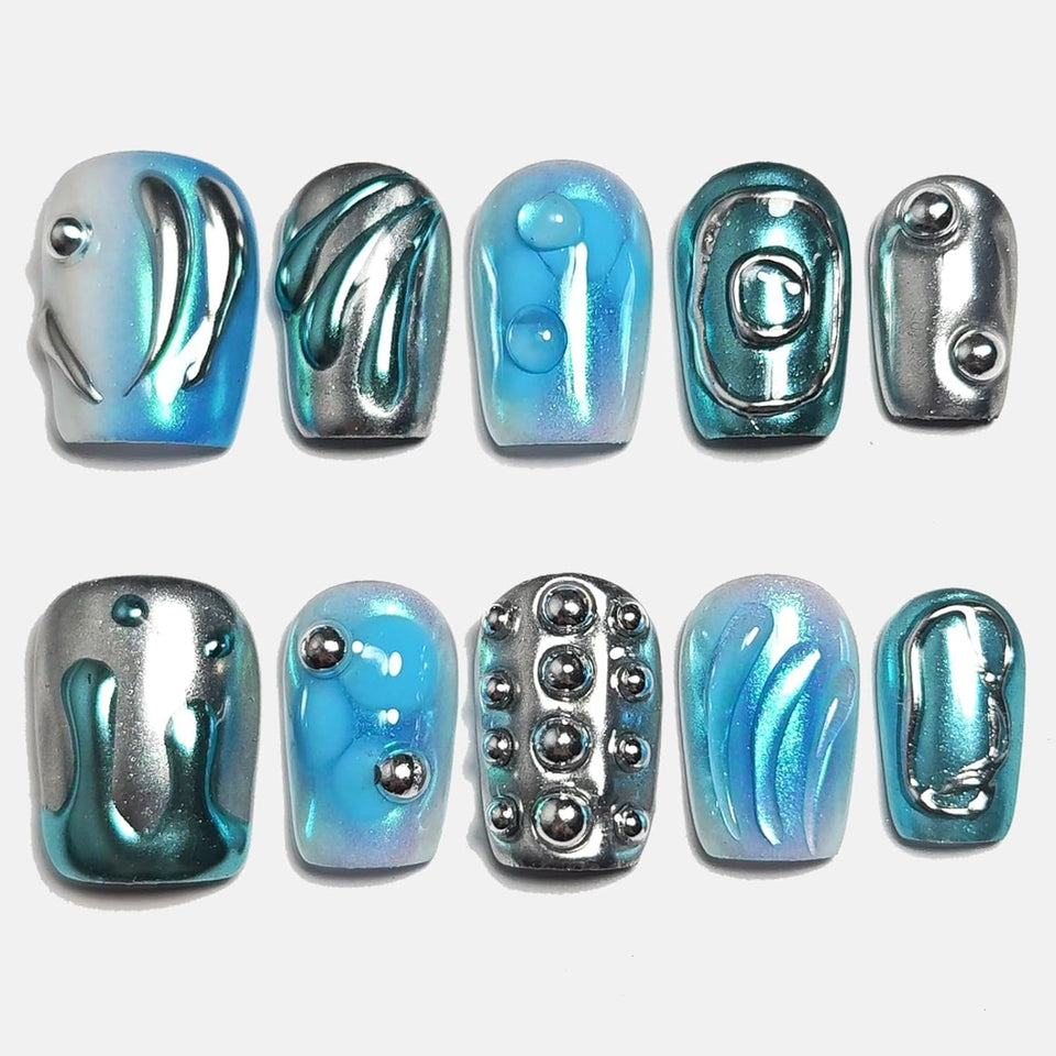 Reusable 3D Blue Acrylic Nails 10 pcs set