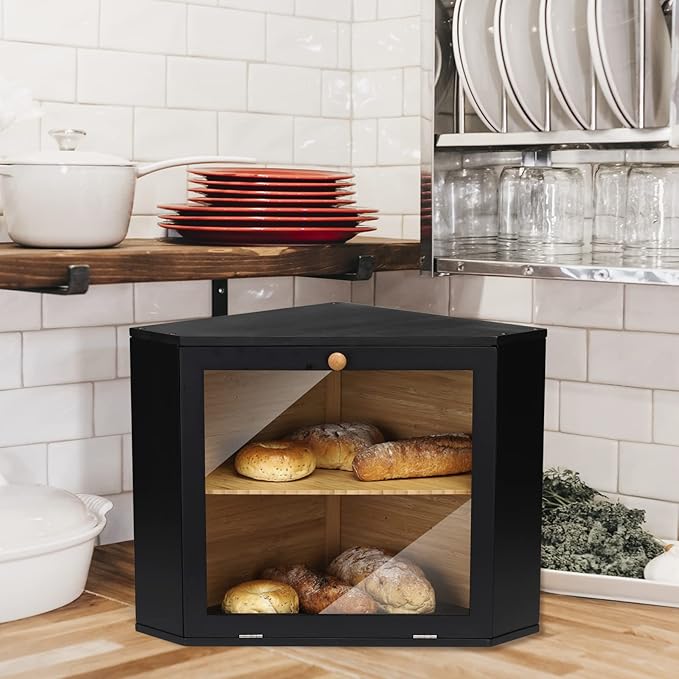 Double Layers Bamboo Corner Bread Box for Kitchen Counter