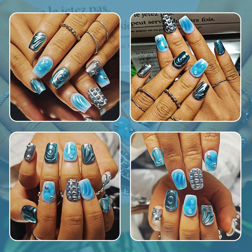 Reusable 3D Blue Acrylic Nails 10 pcs set