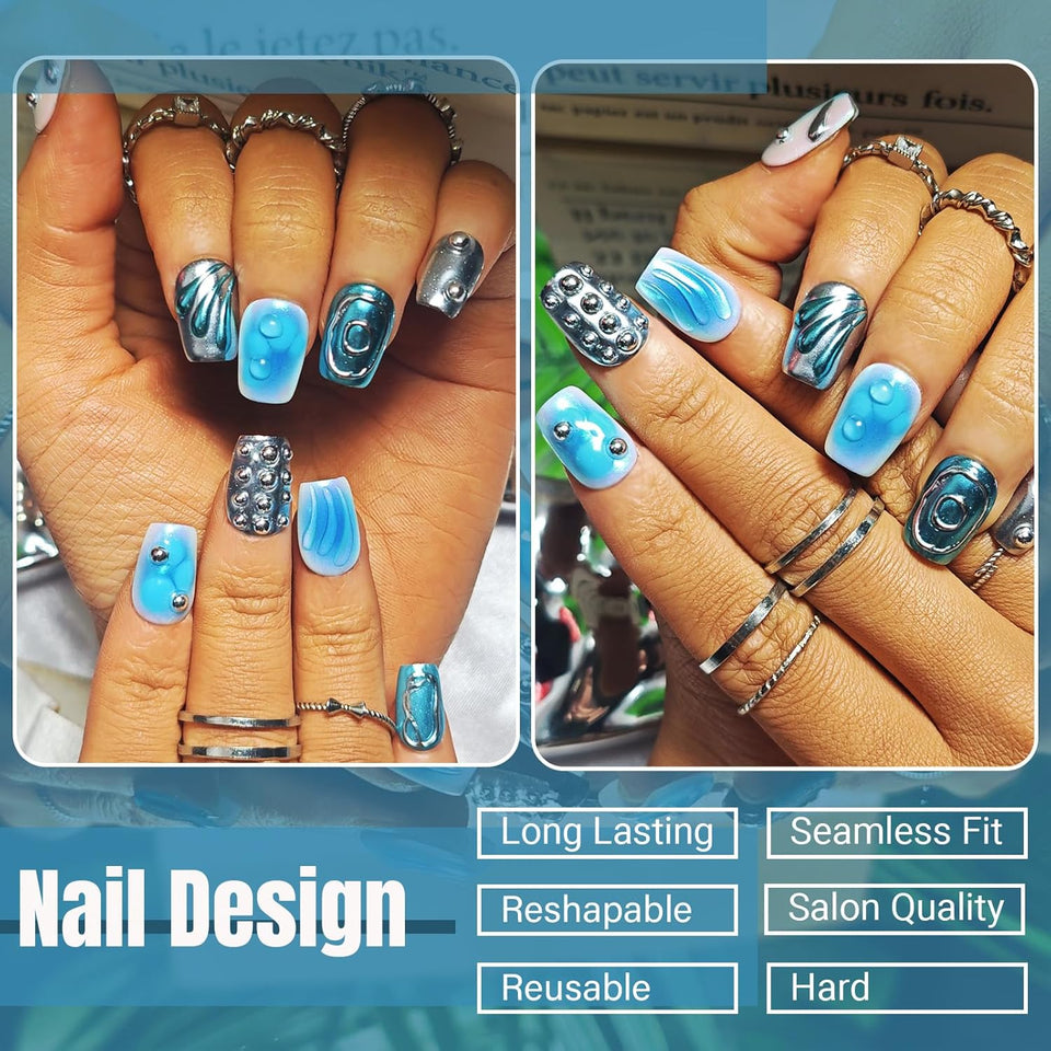 Reusable 3D Blue Acrylic Nails 10 pcs set
