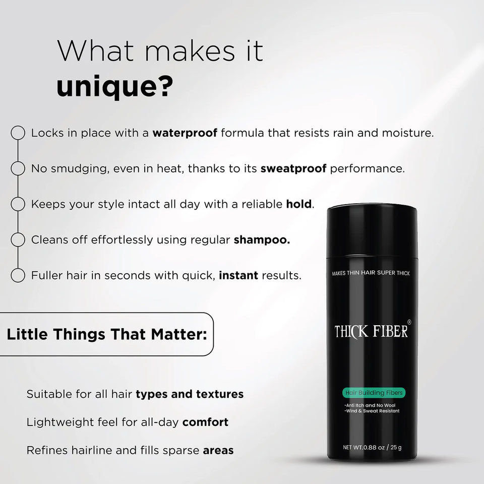 THICK FIBER Hair Fibers for Thinning Hair (Black) 25g Bottle, Hair Loss concealer for Men & Women