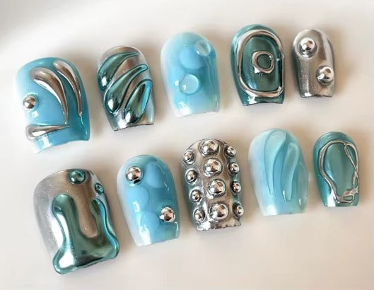 Reusable 3D Blue Acrylic Nails 10 pcs set