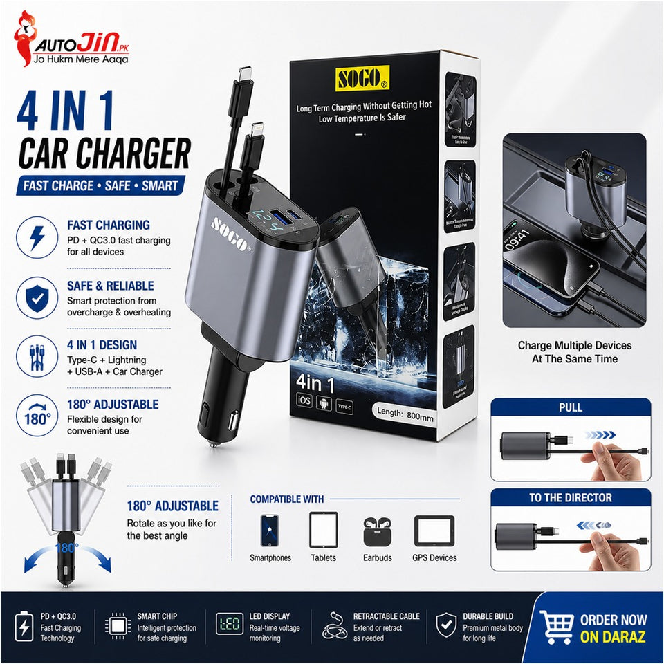 4 IN 1 Retractable Car Phone Charger