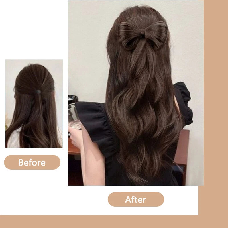 Bow Tie Half Tied Ponytail Wig For Women With Curled Hair Grabbing Clip
