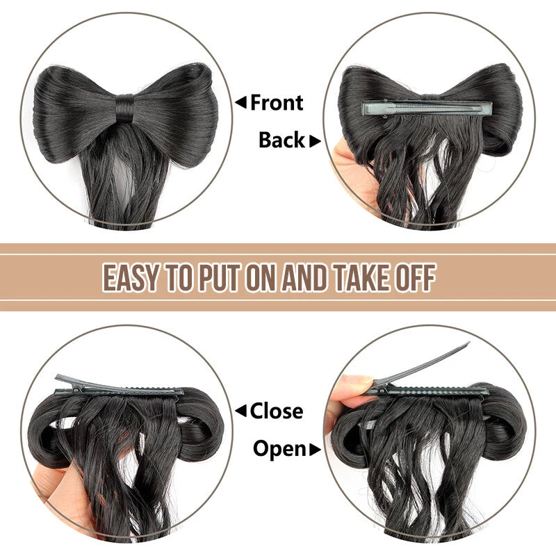Bow Tie Half Tied Ponytail Wig For Women With Curled Hair Grabbing Clip