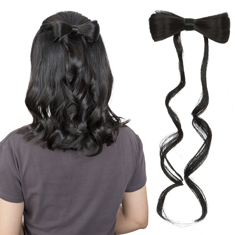 Bow Tie Half Tied Ponytail Wig For Women With Curled Hair Grabbing Clip